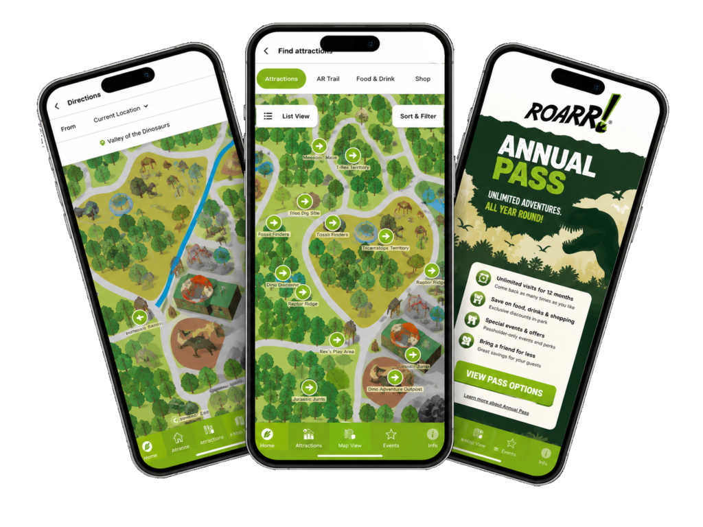 Three ROARR! app screens: the interactive park map, walking directions and what's on